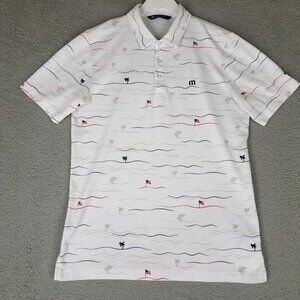 Travis Mathew Polo Shirt Adult Medium White American Flag Hawaiian Palm Tree 4th